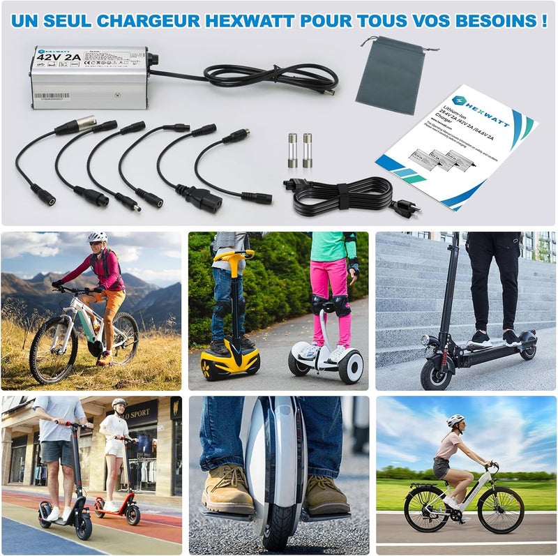 HEXWATT 42V 2A Charger for 36V Lithium-ion Battery Electric Scooter ebike Electric Bike Hoverboard Universal Replacement Charger with 6 Connectors - Image 5